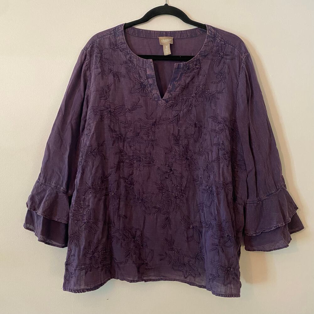 Chico's Purple Floral Embroidered Popover Top Cotton 3/4 Sleeve Boho 3 / Large